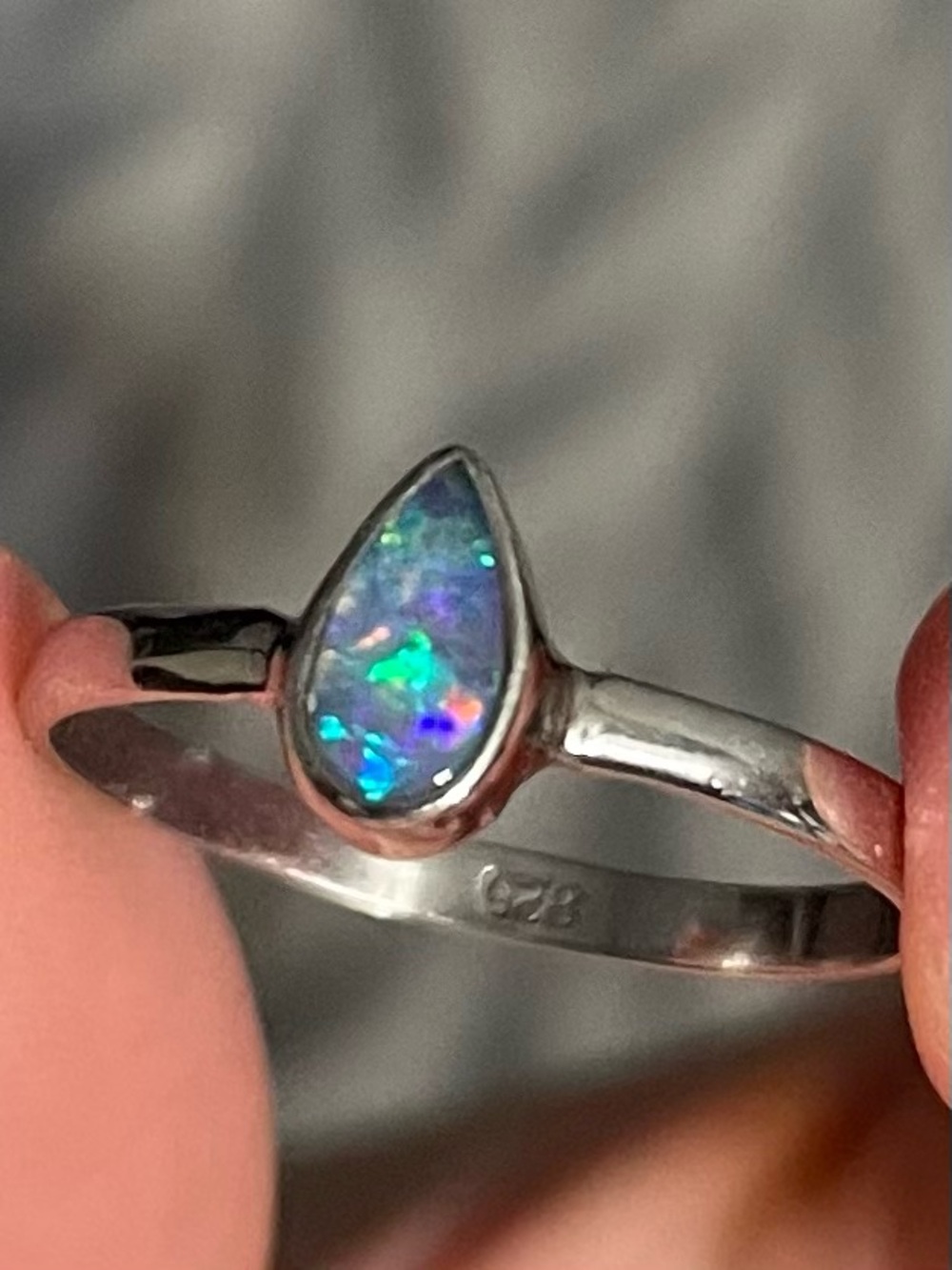 925 Sterling Silver Australian Opal Doublet Teardrop Ring - US Size 5
